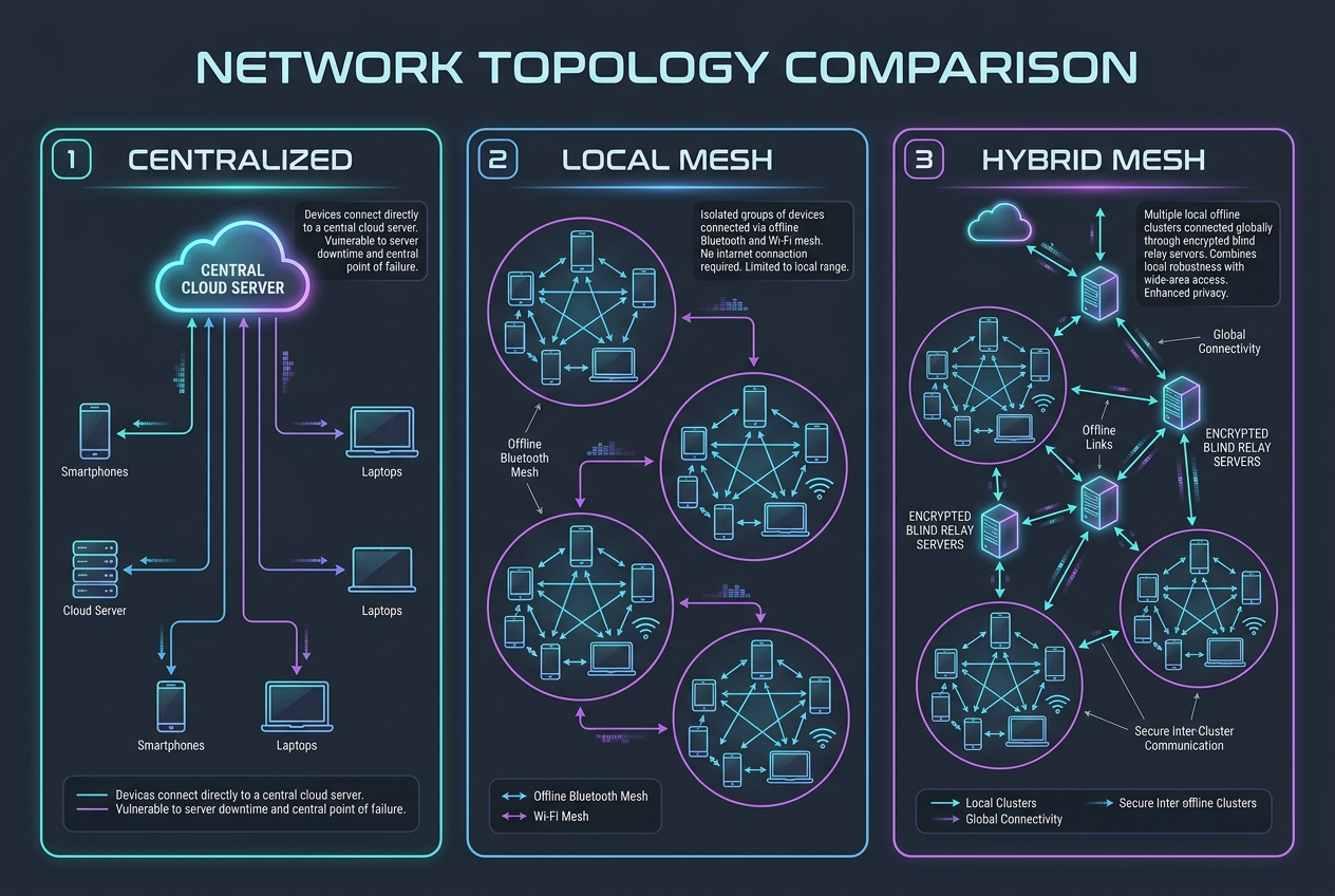 Network Topology Comparison: Centralized Cloud / DePIN vs True P2P Mesh
